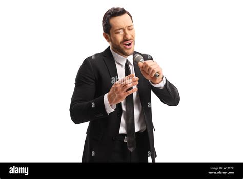 Man Singing On A Microphone With Emotional Face Expression Isolated On