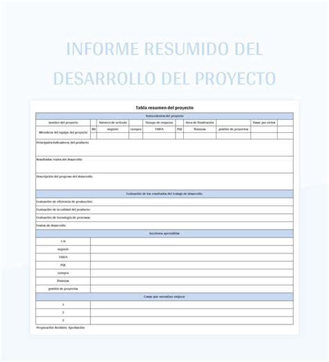 Plantilla De Excel Informe Resumido Del Desarrollo Del Proyecto Y Hoja