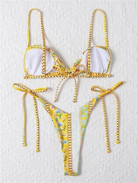 Emmiol Free Shipping Ethnic Floral Lace Up Bikini Set Yellow S In