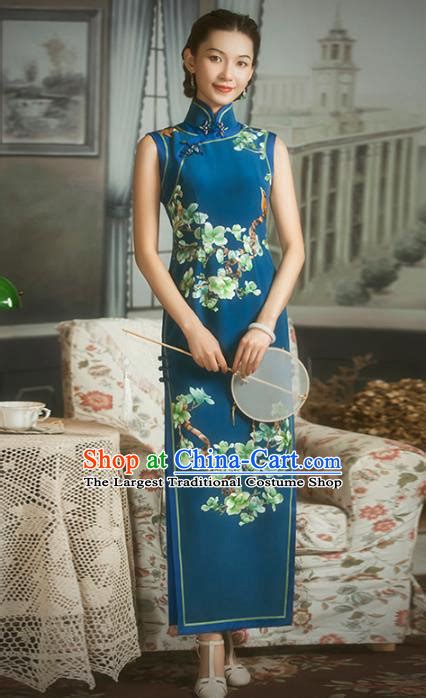 Classic Blue Summer Heavy Silk Cheongsam Blue And White Porcelain