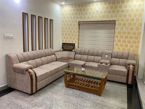 Cotton Seater Beige L Shape Wooden Sofa Set With Lounger At Rs