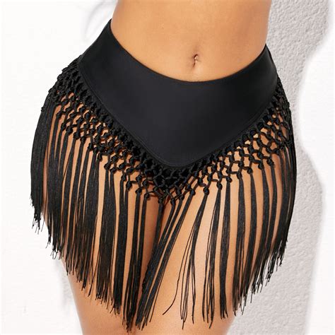 Tassel Mid Waisted Black Bikini Bottom Rosewe USD 25 98