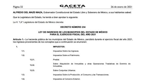 Ley De Ingresos De Los Municipios Del Estado De México 2021 En Pdf