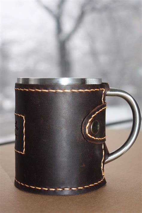 Brown Leather Cup Sleeve Metallic Glass With A Leather Case Etsy