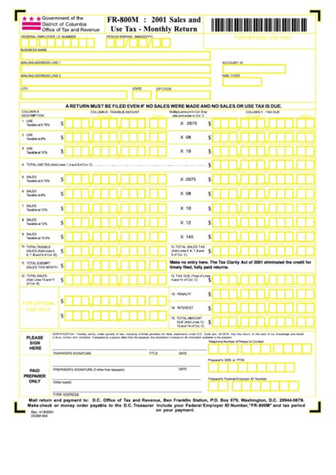 Form Fr M Sales And Use Tax Monthly Return For Printable