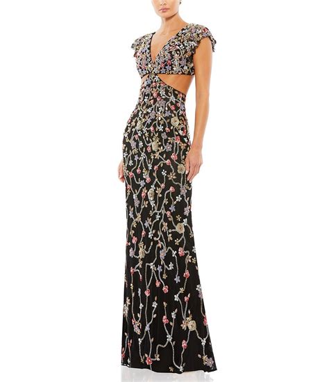 Mac Duggal Floral Sequin Embellished Cut Out V Neck Ruffle Cap Sleeve