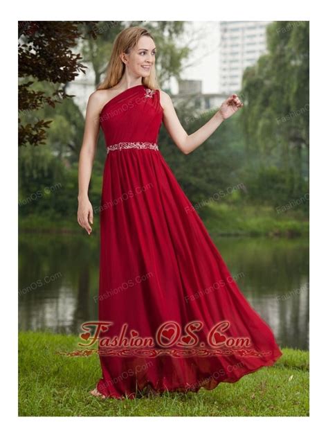 Wine Red Empire One Shoulder Floor Length Chiffon Beading Prom Dress