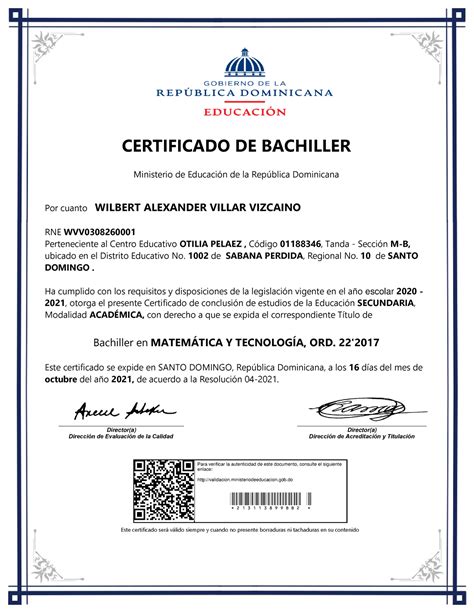 Certificado PDF CERTIFICADO DE BACHILLER Ministerio de Educación de