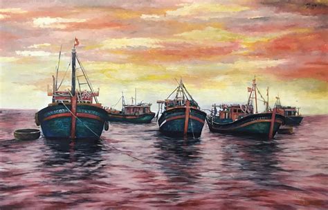 Docking Vietnamese Lacquer Painting By Artist Nguyen Xuan Viet