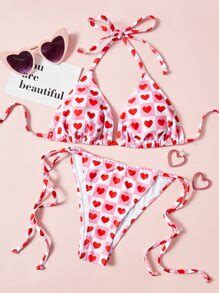 Heart Print Triangle Tie Side Bikini Swimsuit SHEIN USA