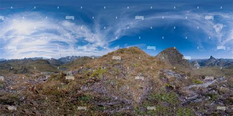 360° view of 360 degree panoramic view of a mountain landscape with a cloudy sky. Pic des Moines ...