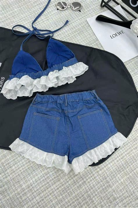 Bikini Jean đi biển màu xanh phối ren