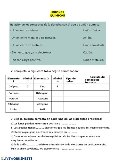 Actividades De Uniones Quimicas Uniones Qu Micas La Siguiente