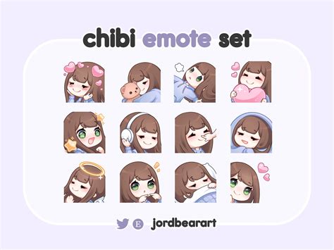 12 Pastel Chibi Streamer Brown Hair Green Eyes Comfy Emote Set Cute