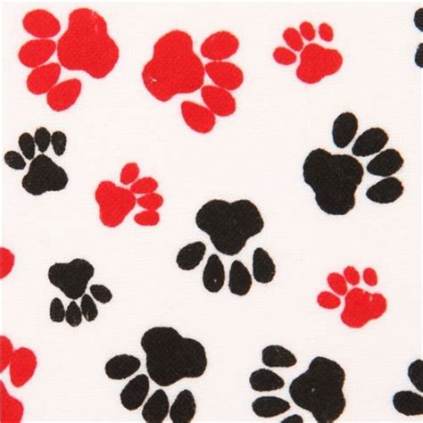 white flannel fabric with red-black cat paw prints - Fabric