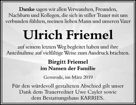 Traueranzeigen Von Ulrich Friemel Abschied Nehmen De