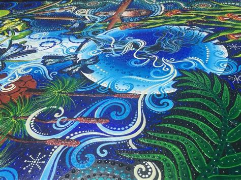 An Artistic Painting With Blue And Green Colors On The Ground