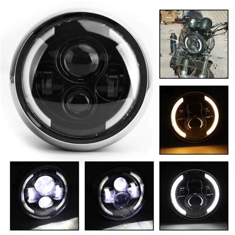 Pouces Led Phare Avant Hi Lo Drl Noir Rond Pour Moto Cafe Racer