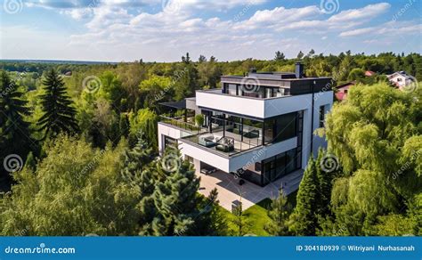 Drone View Of Modern And Elegant House Exterior In Green Forest