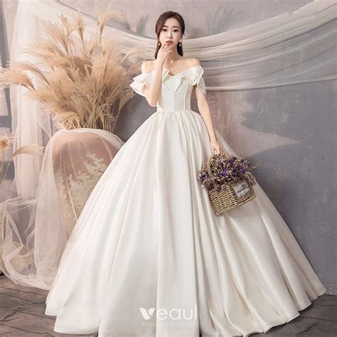 Modest Simple Ivory Satin Wedding Dresses 2019 A Line Princess Off The Shoulder Short Sleeve