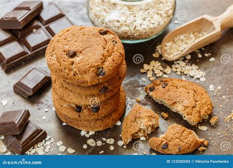 Homemade Whole Wheat Oatmeal Cookies With Chocolate Chips Stock Photo