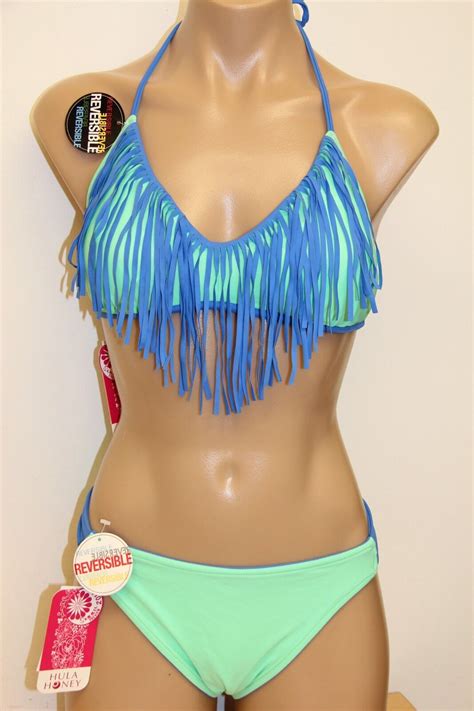 Nwt Hula Honey Swimsuit Bikini Piece Set Sz M Reversible Blue Grn