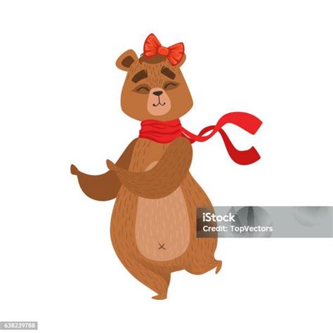 Girly Cartoon Brown Bear Character With The Bow And Stock Illustration