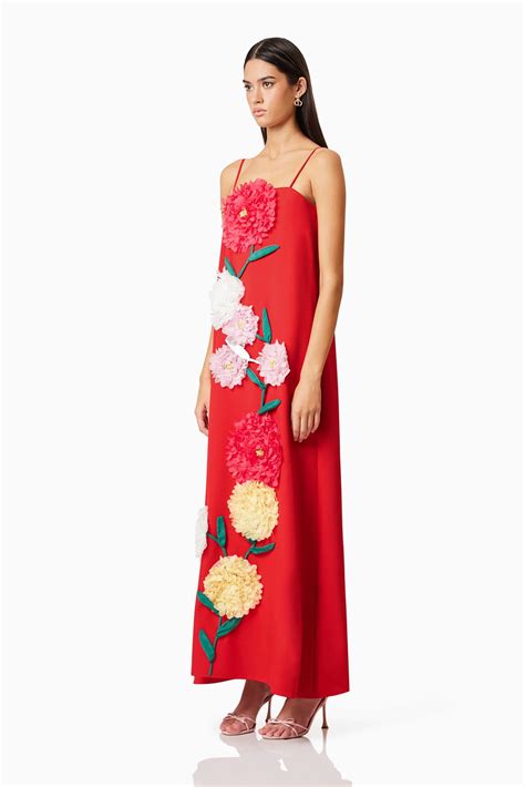 Buttercup Maxi Dress In Red | Embroidered Floral Design – Elliatt