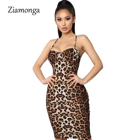 Ziamonga Leopard Print Strapless Women Club Dress Spaghetti Strap Knee Length Sexy Bodycon Dress