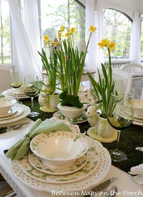 Spring Easter Table Setting With Daffodil And Moss Centerpiece Easter