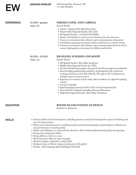 Spanish Teacher Resume Samples | Velvet Jobs