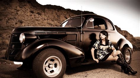 Vintage Car And Girl Old Looking Photo