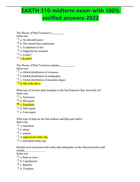 Earth Midterm Exam With Verified Answers Browsegrades