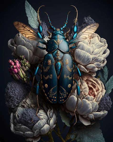 A Blue Bug Sitting On Top Of Flowers