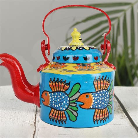 INDHA Multicolor Handpainted Aluminium Decorative Tea Kettle With Fish