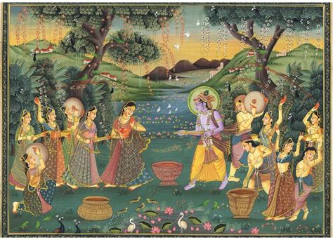 Indian Painting Of Lord Krishna Playing Holi With Goddess Radha And Gopis