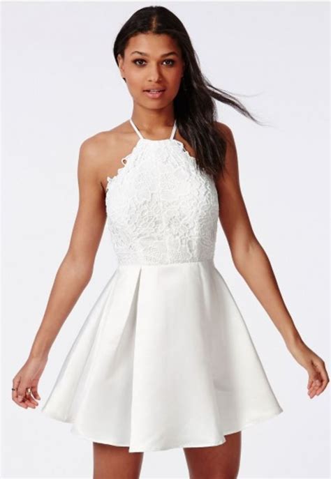 Missguided Lace Halterneck Skater Dress White Prom Dresses With