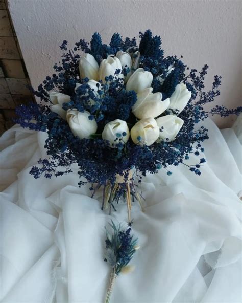 Navy Blue Bridal Bouquet White Tulip Bridal Bouquet Navy Blue