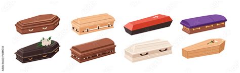 Coffins set. Wood caskets of different designs, shapes. Funeral burial ...