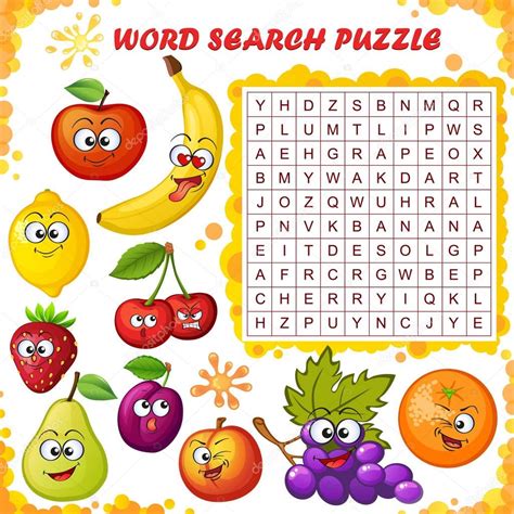 Word Search Puzzle Vector Education Game Children Cartoon Fruits