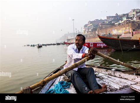 Candid Portrait A Boatman Rowing Boat On The River Ganges Banaras