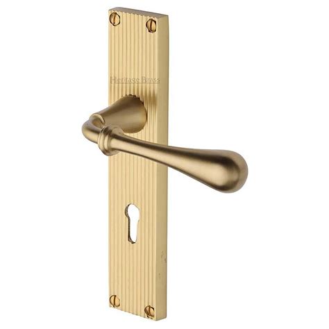 Roma Reeded Backplate Lock Door Handles In Satin Brass Finish Rr6000 Sb Ext At Simply Door