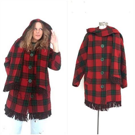 Hood Wool Coat Red Plaid Wool Hooded Coat Vintage S Plaid Plaid Wool