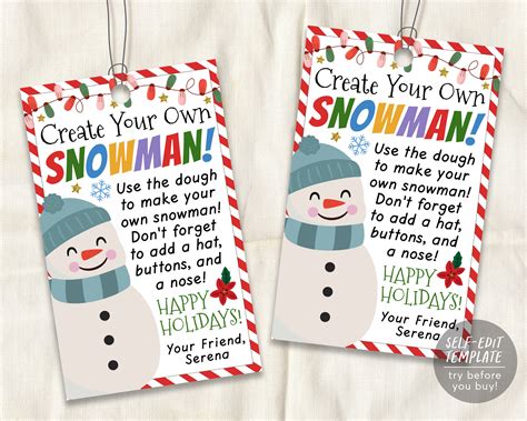 Create Your Own Snowman Gift Tags Editable Template, Winter Break