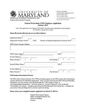 Fillable Online Financialaid Umd FWS Employer Application Summer 2013