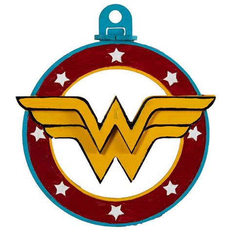 A Wonder Woman Ornament Hanging From A Hook On A White Background With