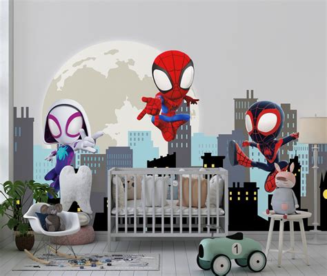 Spiderman Wallpaper for Kids Room, Moon and Cityscape Peel and Stick Mural, Spiderman With ...