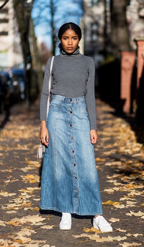 Every Way To Wear A Turtleneck This Season Long Denim Skirt Outfit