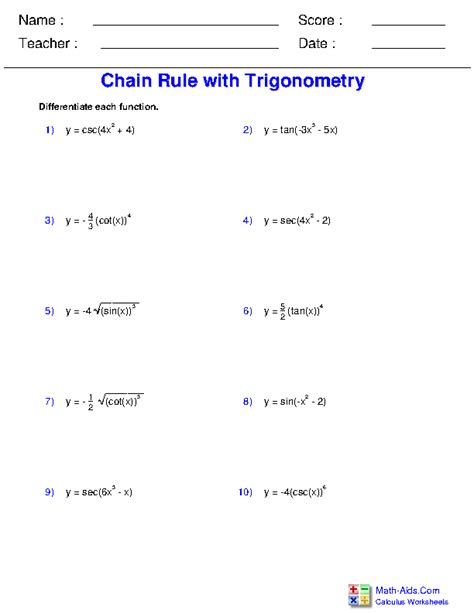 Chain Rule Derivative Worksheet