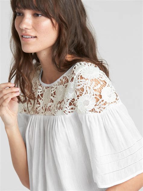 Flounce Short Sleeve Crochet Yoke Blouse Gap